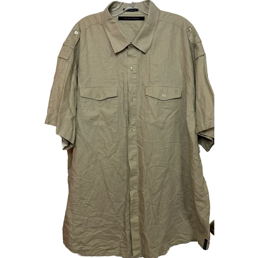 Sean John Shirt Men Size 3XB Khaki Collared‎ Short Sleeve Pockets Button-Up